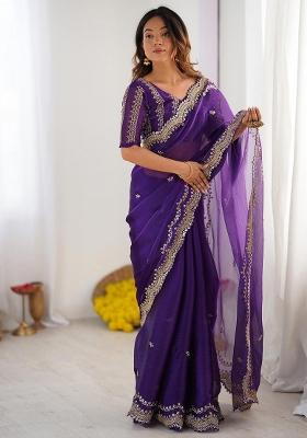 Dark Purple Sequin Work Chiffon Saree Set
