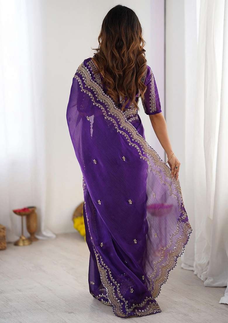Dark Purple Work Chiffon Saree Set with Sequin for Diwali | Wedding & Festive Wear - Indya