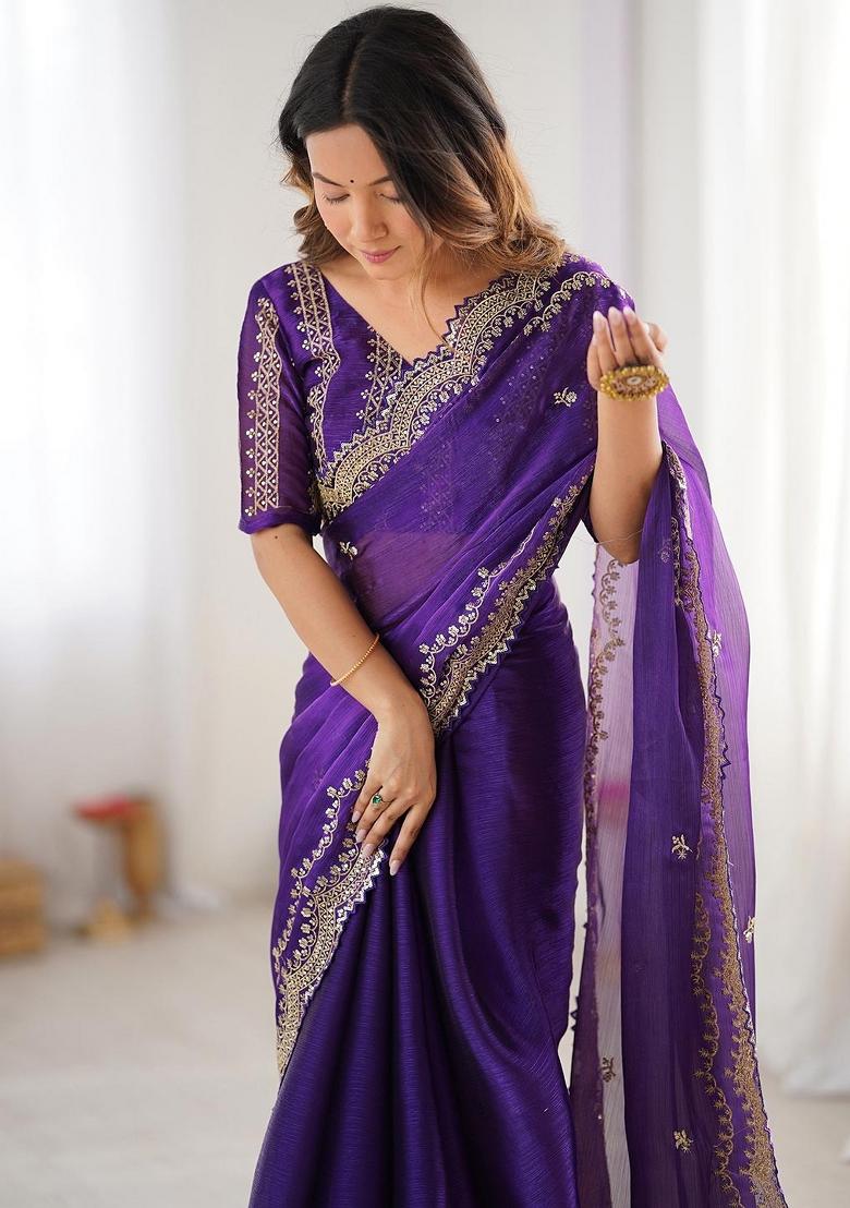 Dark Purple Sequin Work Chiffon Saree Set - Indya