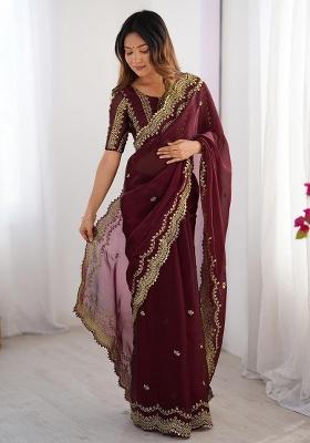 Maroon Sequin Work Chiffon Saree Set