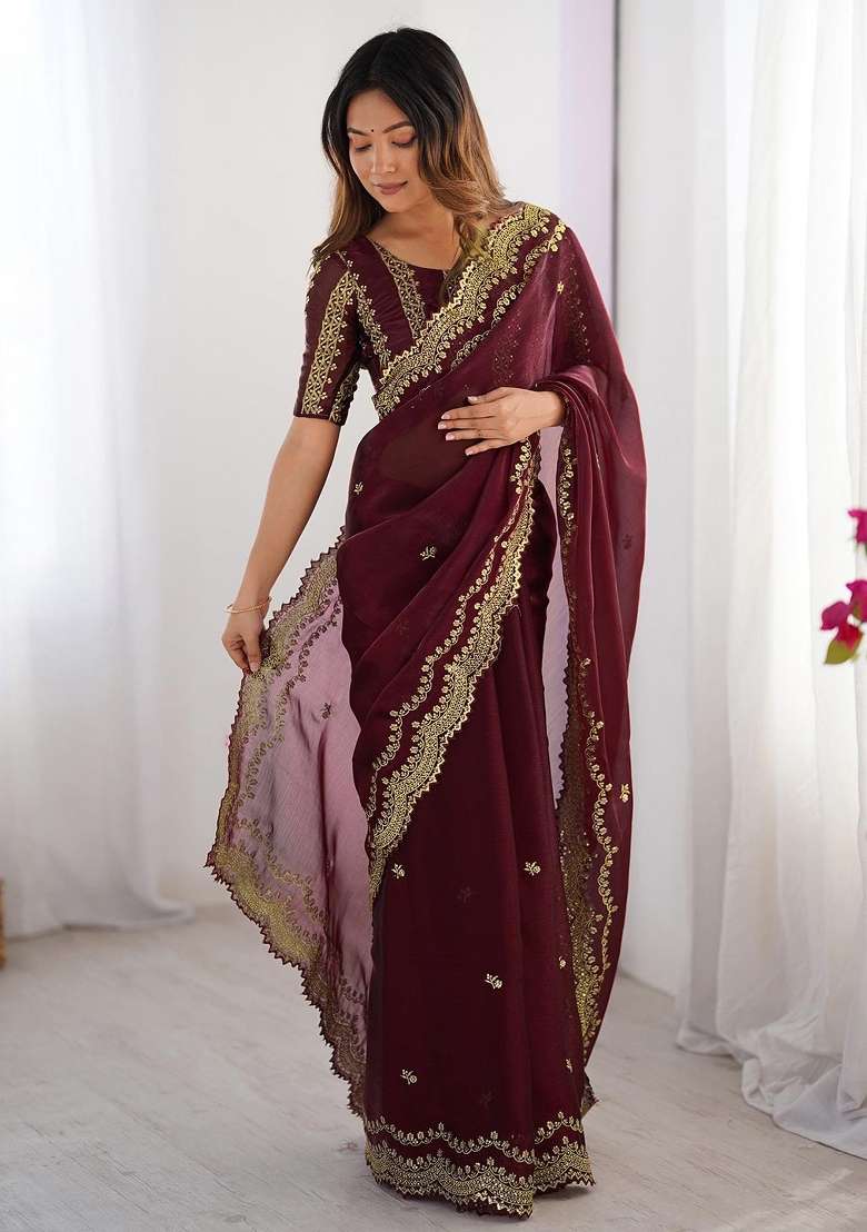 Maroon Work Chiffon Saree Set with Sequin for Diwali | Wedding & Festive Wear - Indya