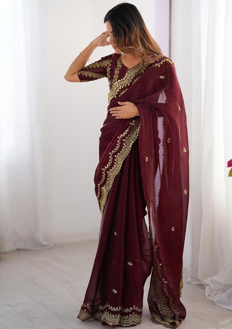 Maroon Sequin Work Chiffon Saree Set - Indya
