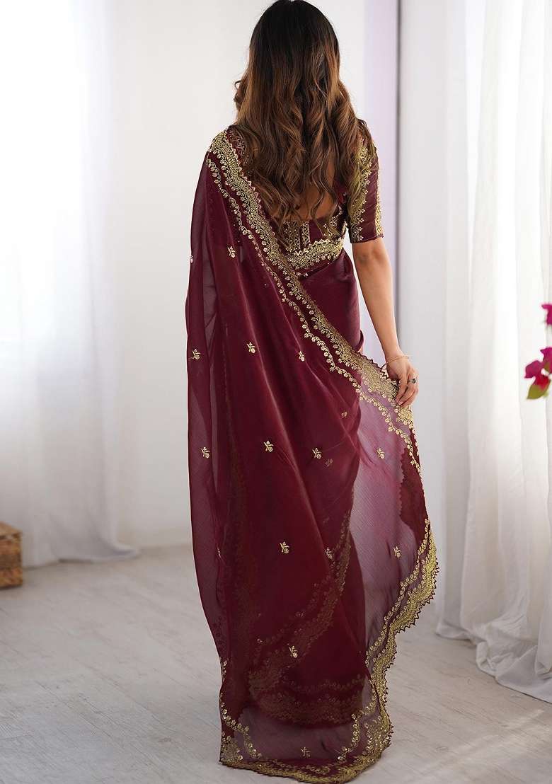 Maroon Work Chiffon Saree Set with Sequin for Diwali | Wedding & Festive Wear - Indya