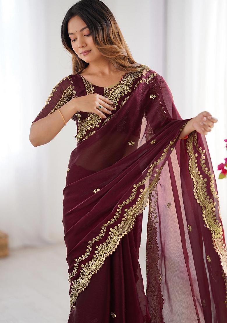 Maroon Sequin Work Chiffon Saree Set - Indya