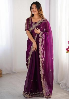 Purple Sequin Work Chiffon Saree Set