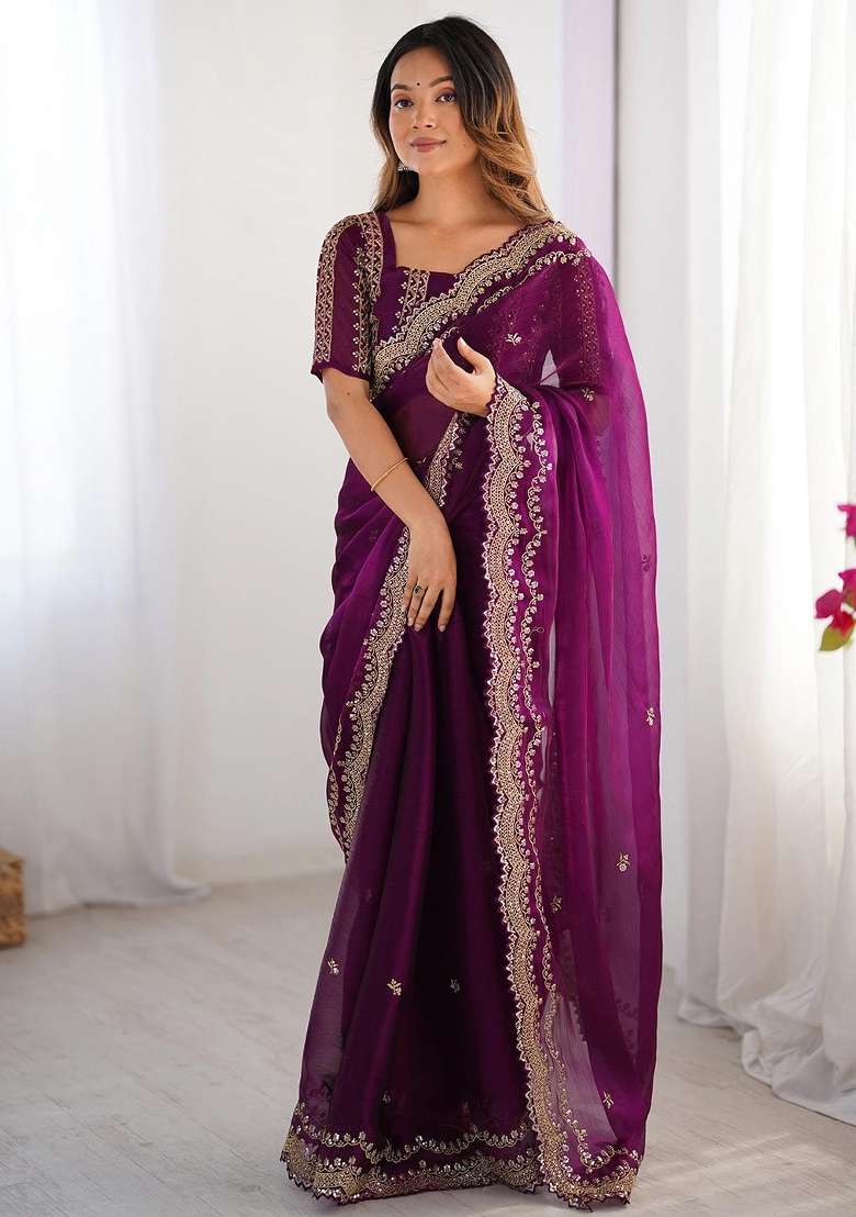 Purple Work Chiffon Saree Set with Sequin for Diwali | Wedding & Festive Wear - Indya