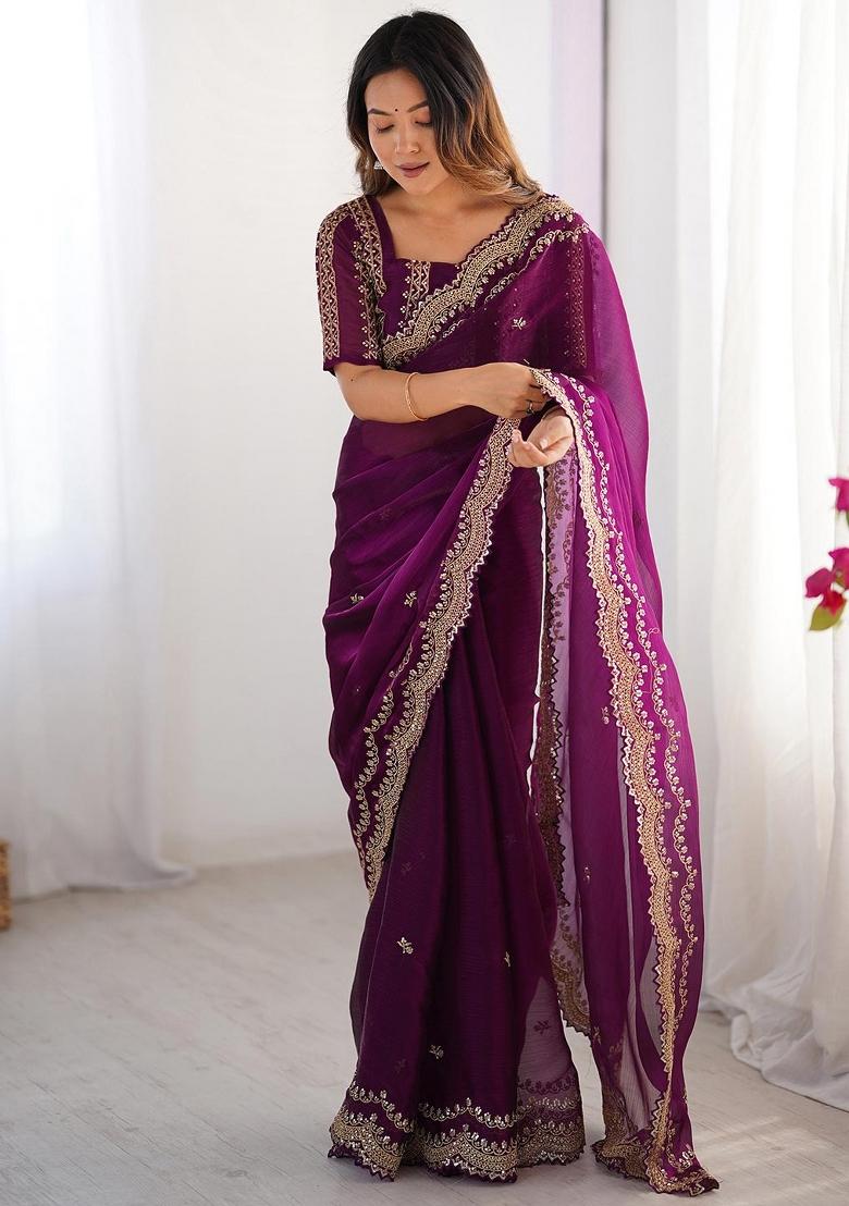 Purple Sequin Work Chiffon Saree Set - Indya