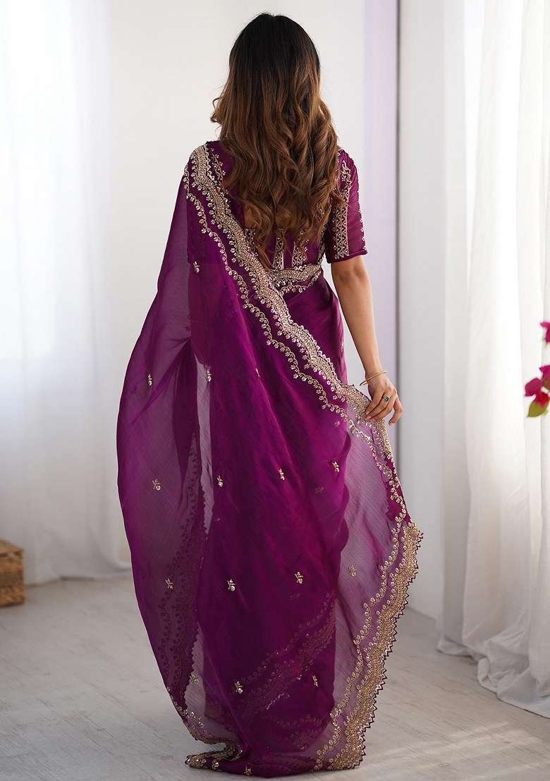 Purple Work Chiffon Saree Set with Sequin for Diwali | Wedding & Festive Wear - Indya