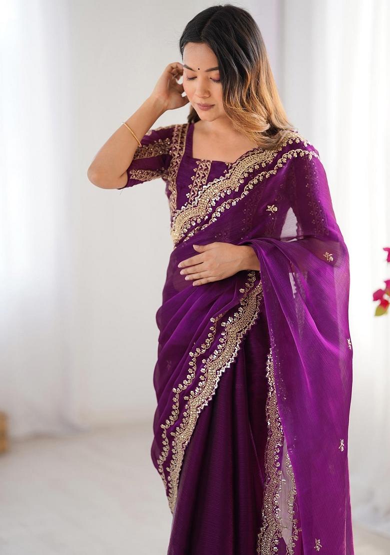 Purple Sequin Work Chiffon Saree Set - Indya