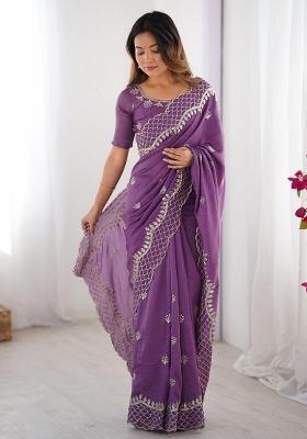 Lavender Sequin Work Silk Saree Set