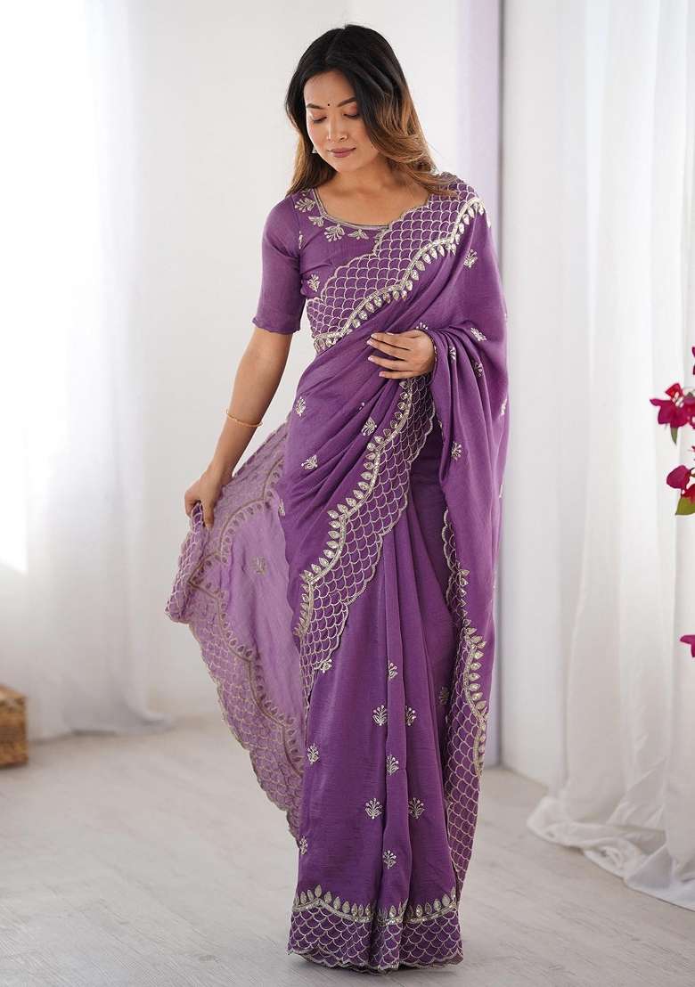 Lavender Sequin Work Silk Saree Set for Diwali and Festive Wear - Indya