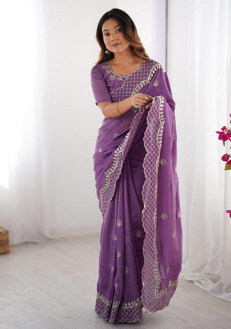 Lavender Sequin Work Silk Saree Set - Indya