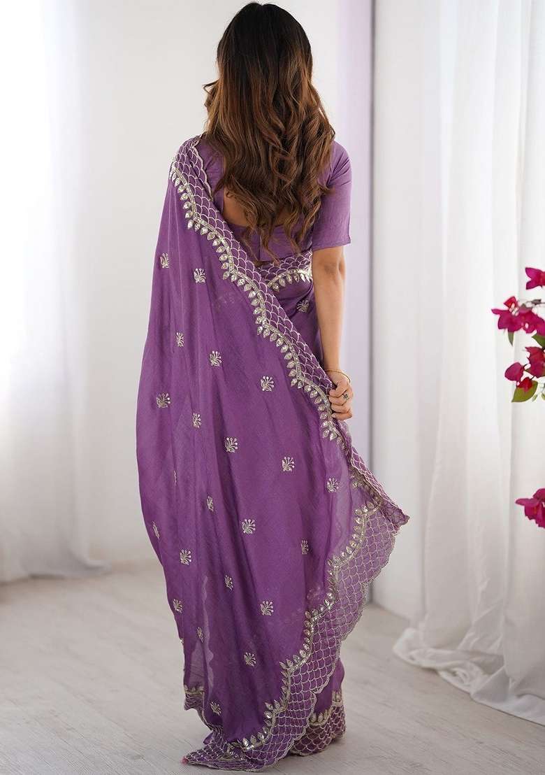 Lavender Sequin Work Silk Saree Set for Diwali and Festive Wear - Indya