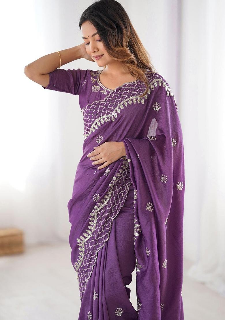 Lavender Sequin Work Silk Saree Set - Indya