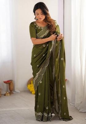 Mehendi Sequin Work Silk Saree Set