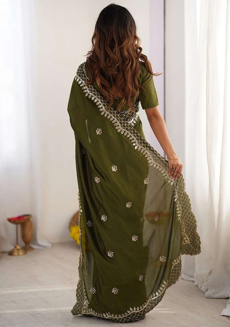 Mehendi Sequin Work Silk Saree Set for Diwali and Festive Wear - Indya