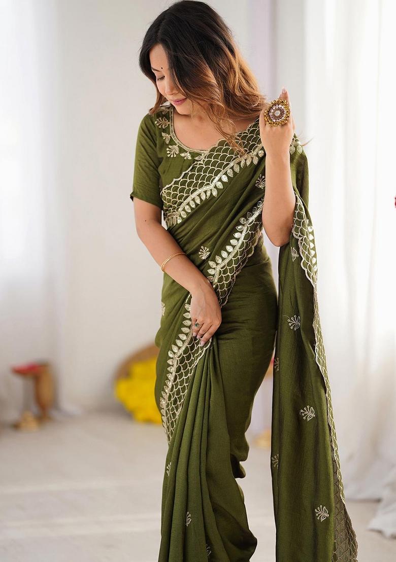 Mehendi Sequin Work Silk Saree Set - Indya