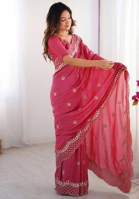 Pink Sequin Work Silk Saree Set