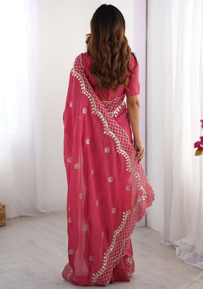 Pink Work Silk Saree Set with Sequin for Diwali | Wedding & Festive Wear - Indya