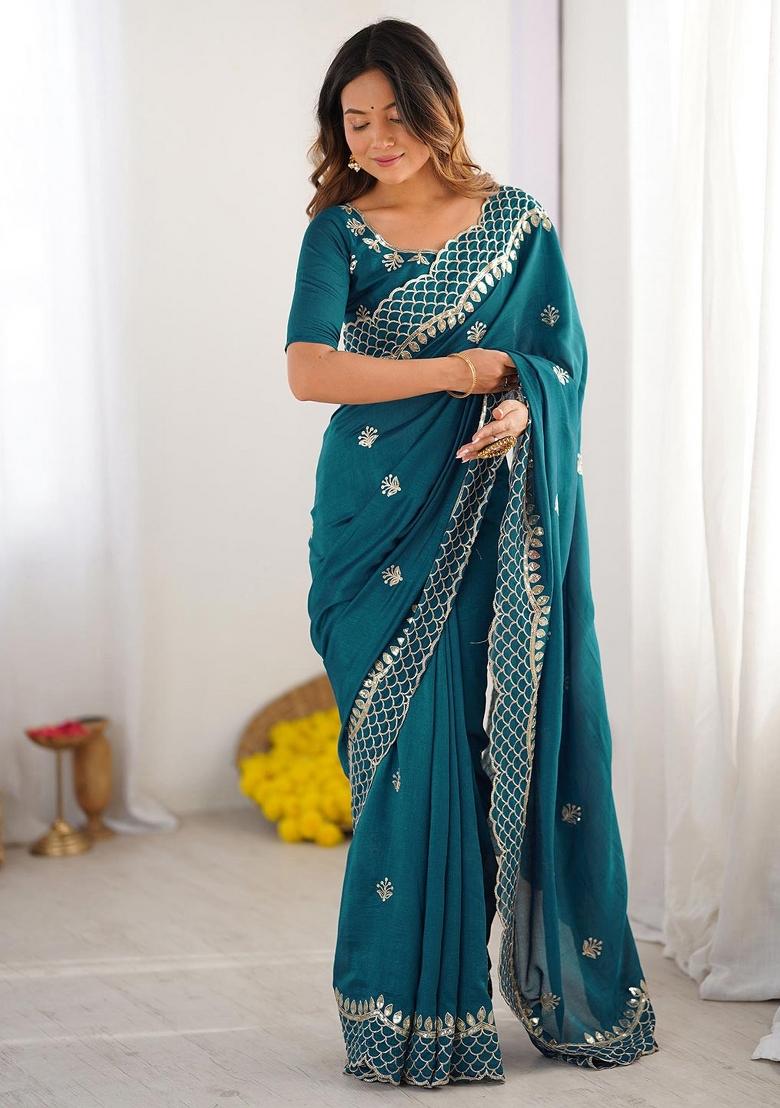 Rama Sequin Work Silk Saree Set - Indya
