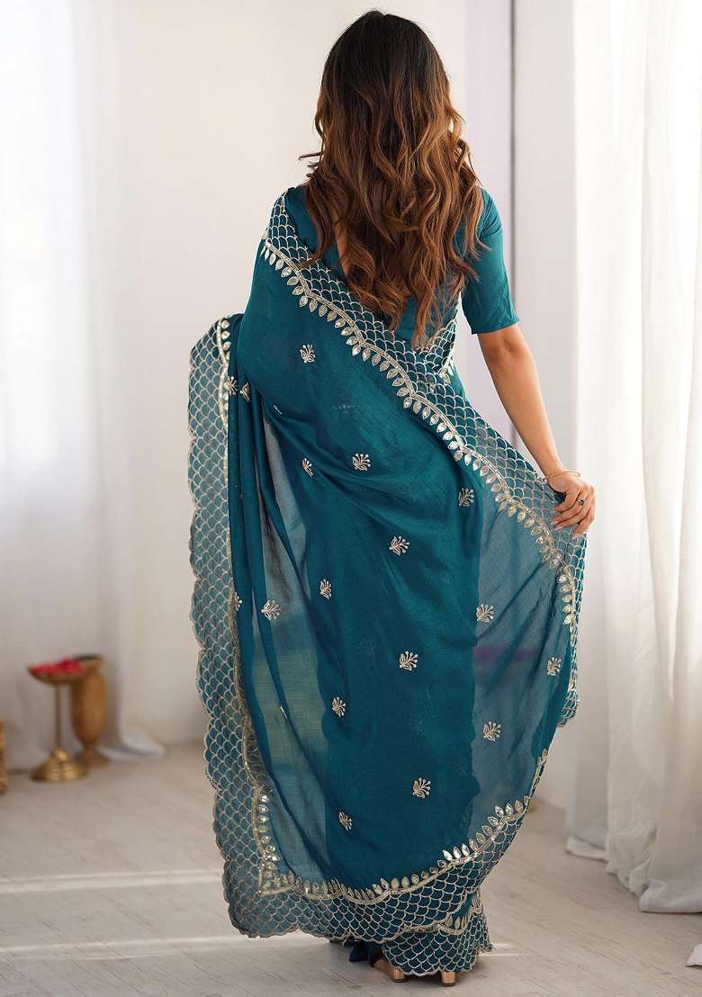 Rama Work Silk Saree Set with Sequin for Diwali | Wedding & Festive Wear - Indya