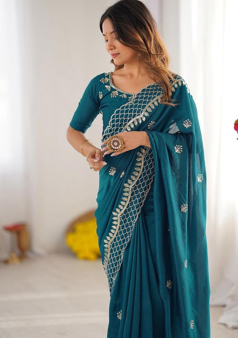 Rama Sequin Work Silk Saree Set - Indya