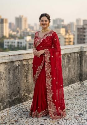 Red Sequin Work Silk Saree Set