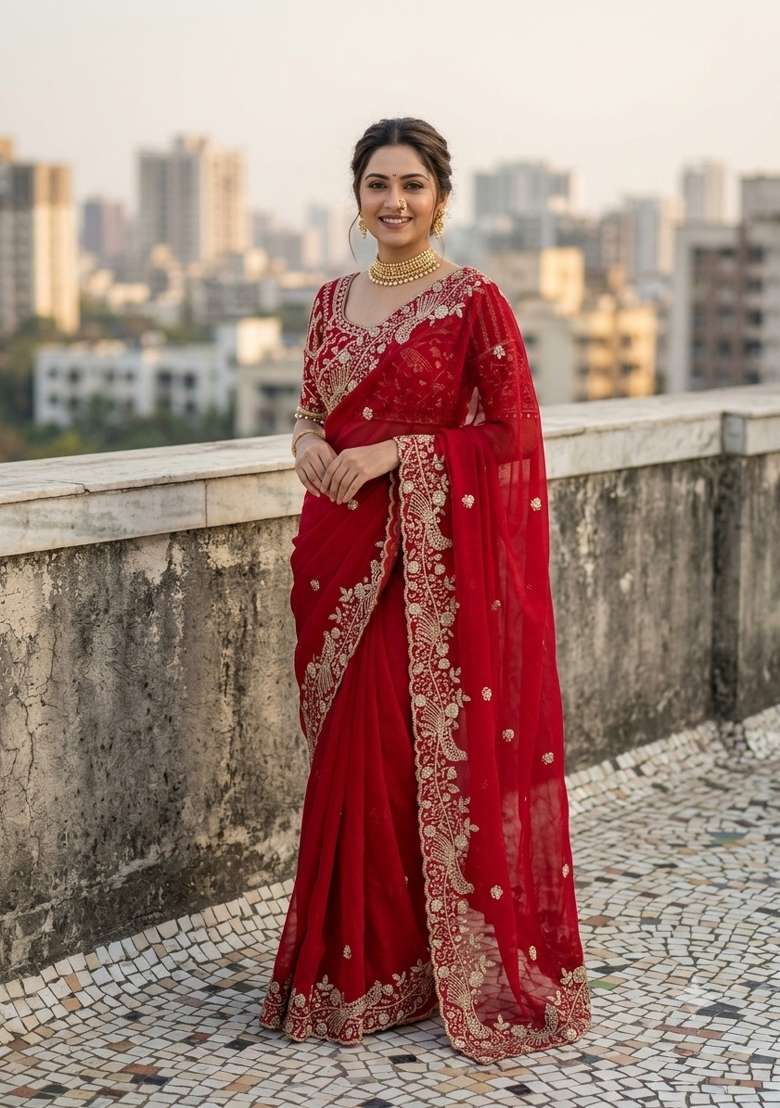 Red Work Silk Saree Set with Sequin for Diwali | Wedding & Festive Wear - Indya