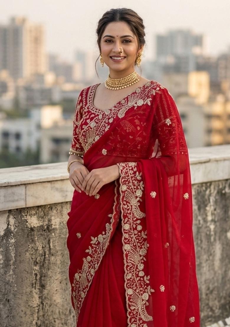 Red Sequin Work Silk Saree Set - Indya