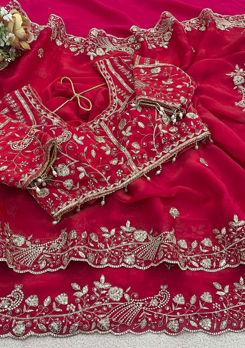 Red Work Silk Saree Set with Sequin for Diwali | Wedding & Festive Wear - Indya