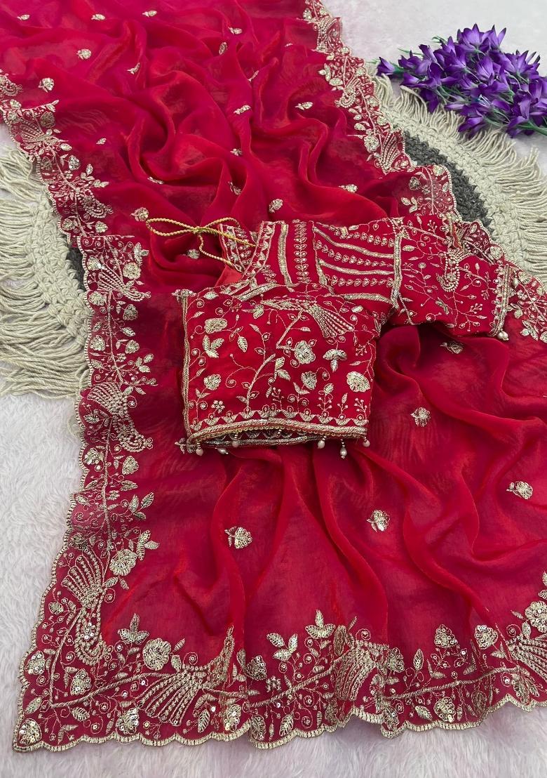 Red Sequin Work Silk Saree Set - Indya