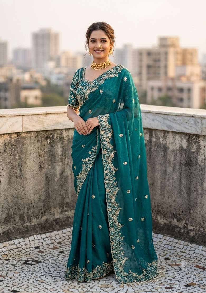 Green Work Silk Saree Set with Sequin for Diwali | Wedding & Festive Wear - Indya