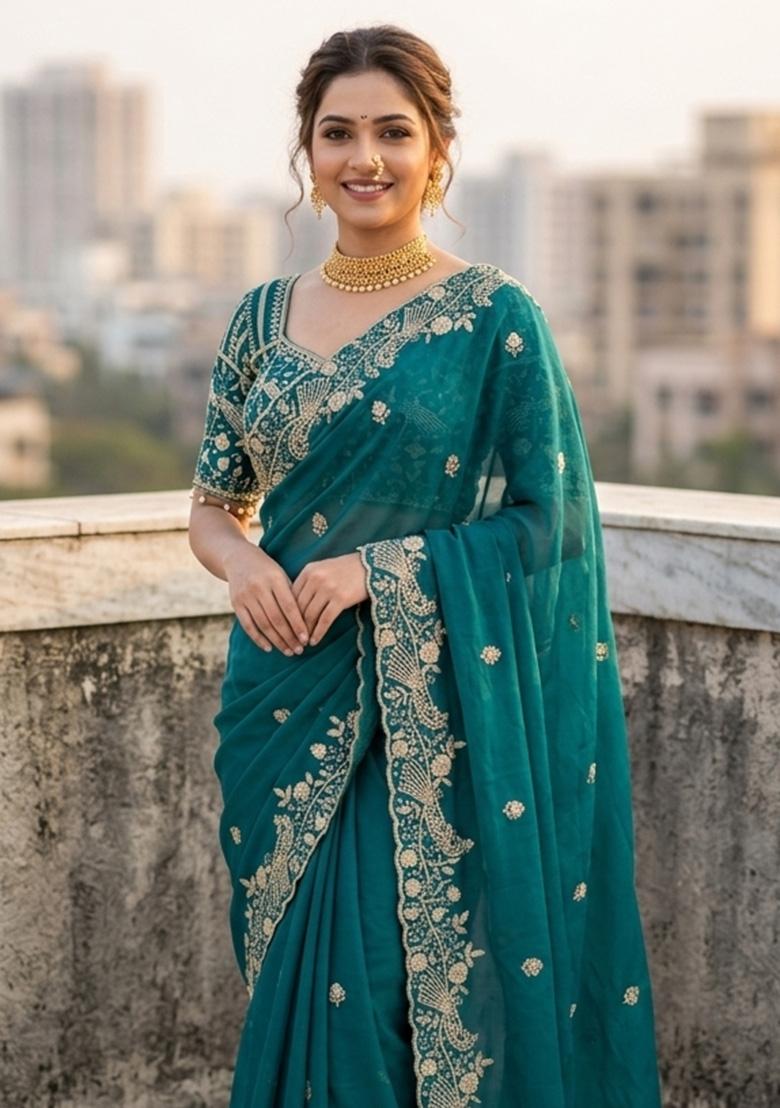 Green Sequin Work Silk Saree Set - Indya