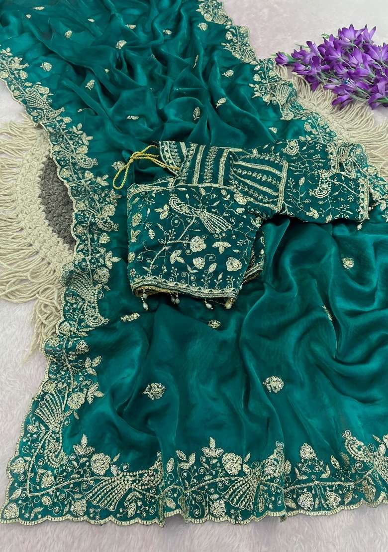 Green Work Silk Saree Set with Sequin for Diwali | Wedding & Festive Wear - Indya