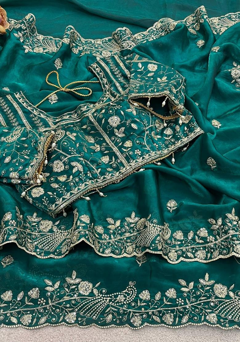 Green Sequin Work Silk Saree Set - Indya