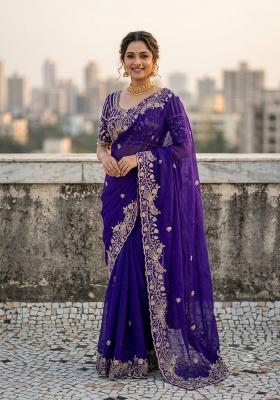 Purple Sequin Work Silk Saree Set