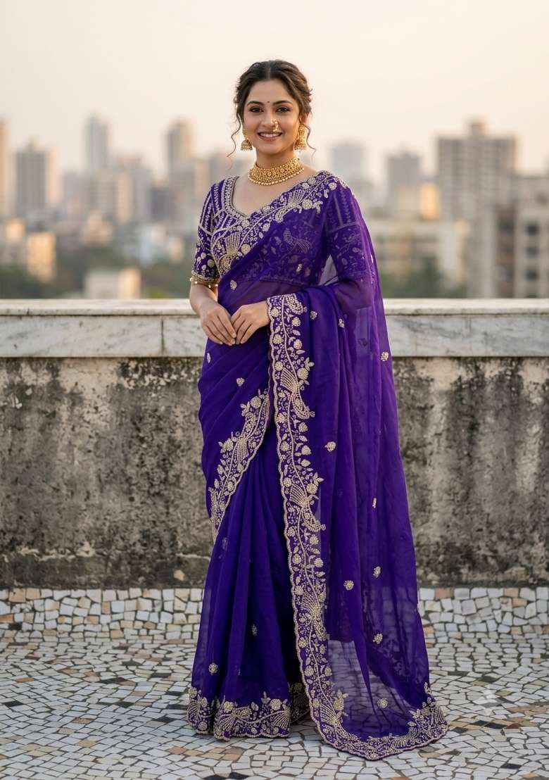Purple Work Silk Saree Set with Sequin for Diwali | Wedding & Festive Wear - Indya