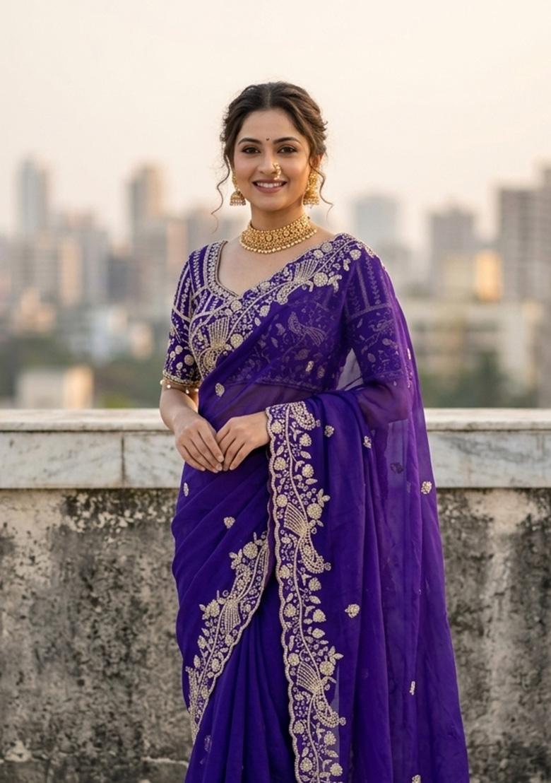 Purple Sequin Work Silk Saree Set - Indya