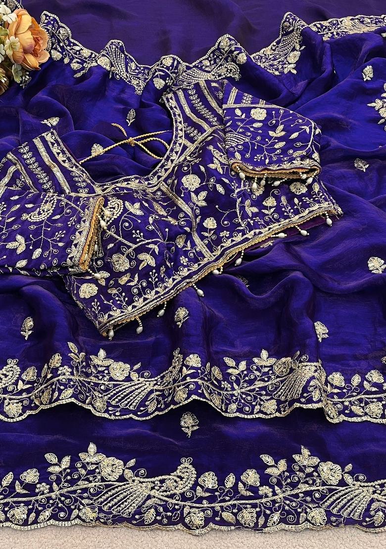 Purple Sequin Work Silk Saree Set - Indya