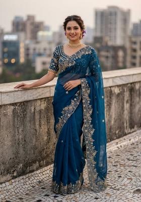 Rama Sequin Work Silk Saree Set