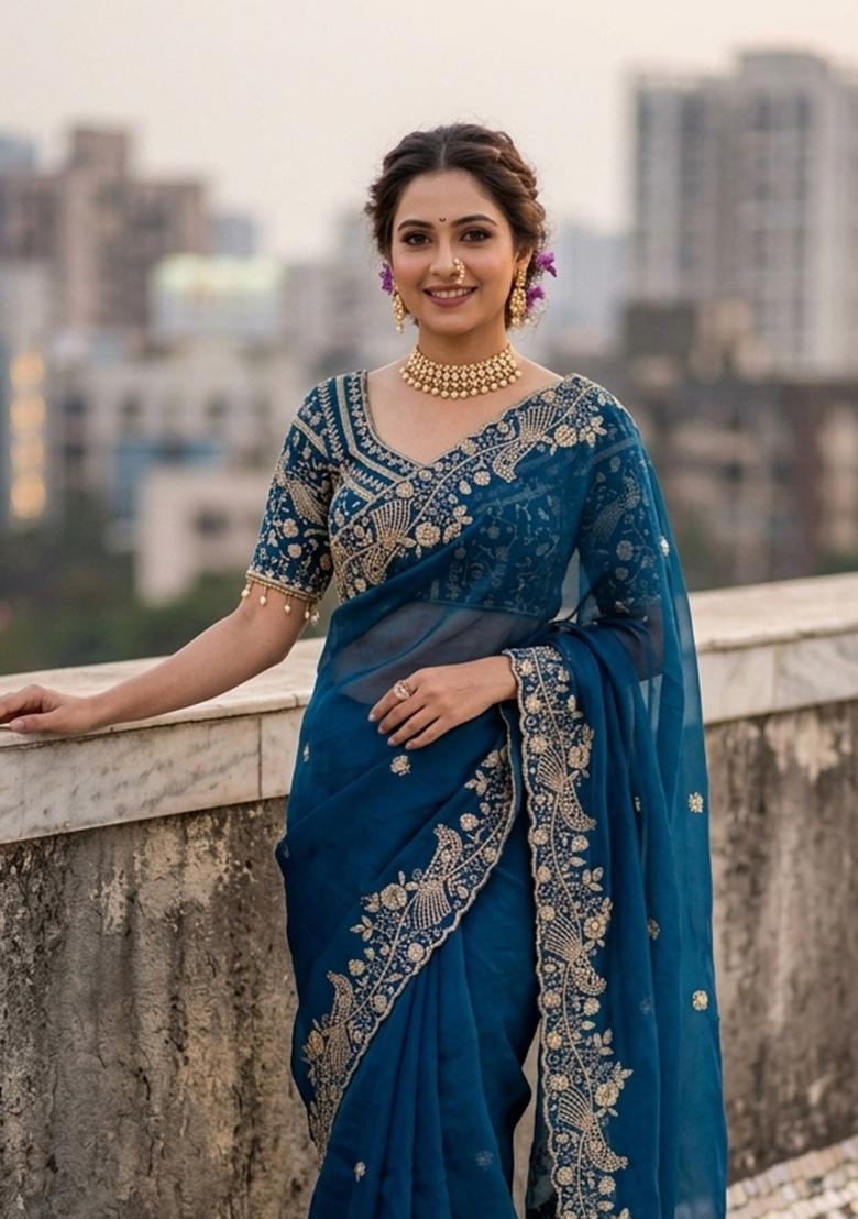 Rama Sequin Work Silk Saree Set - Indya