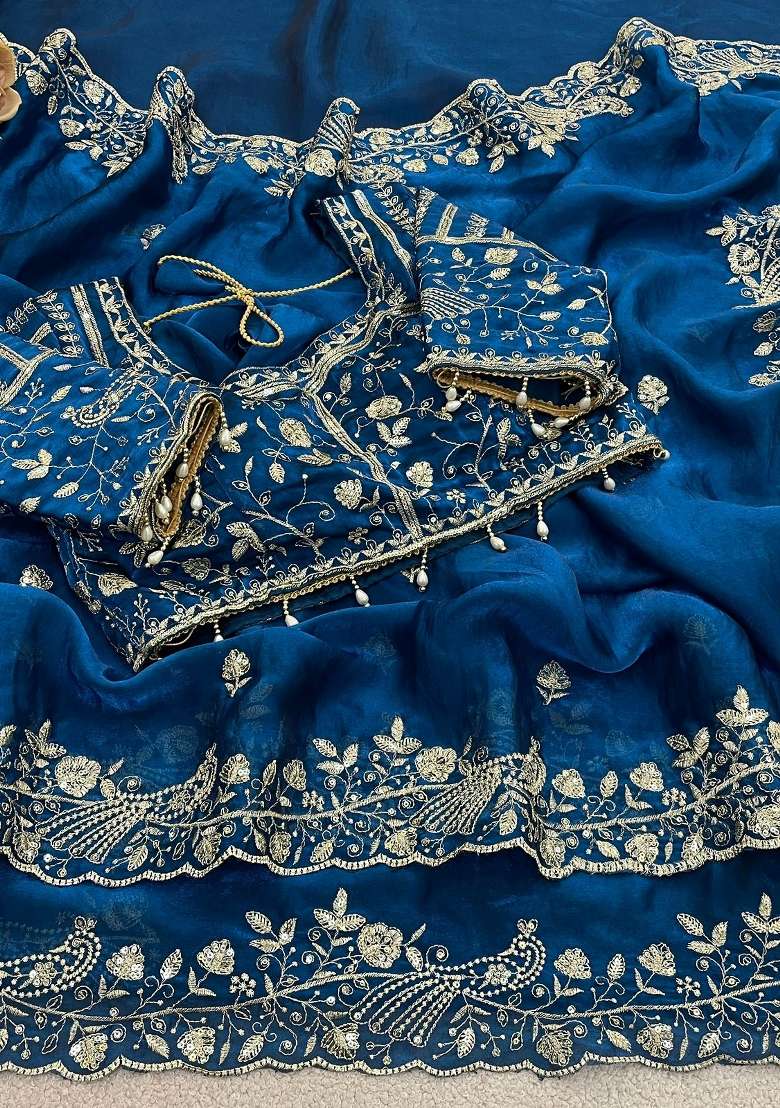 Rama Work Silk Saree Set with Sequin for Diwali | Wedding & Festive Wear - Indya