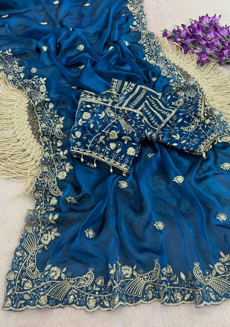 Rama Sequin Work Silk Saree Set - Indya