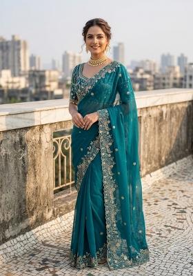 Blue Sequin Work Silk Saree Set