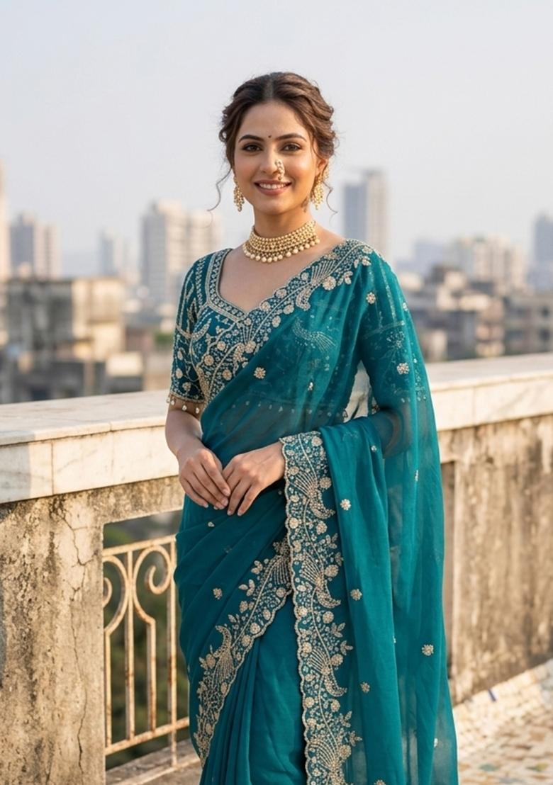 Blue Sequin Work Silk Saree Set - Indya