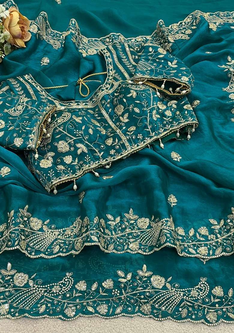 Blue Work Silk Saree Set with Sequin for Diwali | Wedding & Festive Wear - Indya