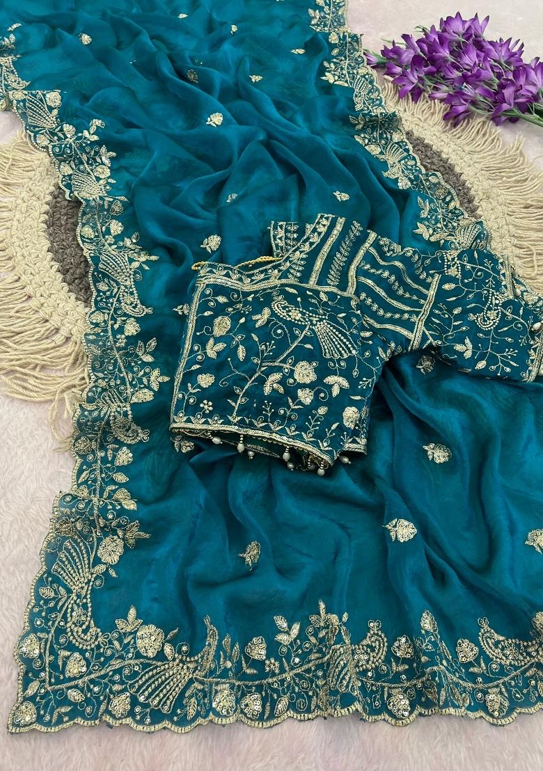 Blue Sequin Work Silk Saree Set - Indya
