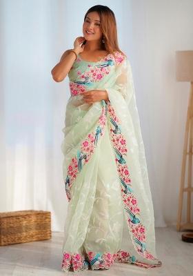 Green Sequin Work Silk Saree Set