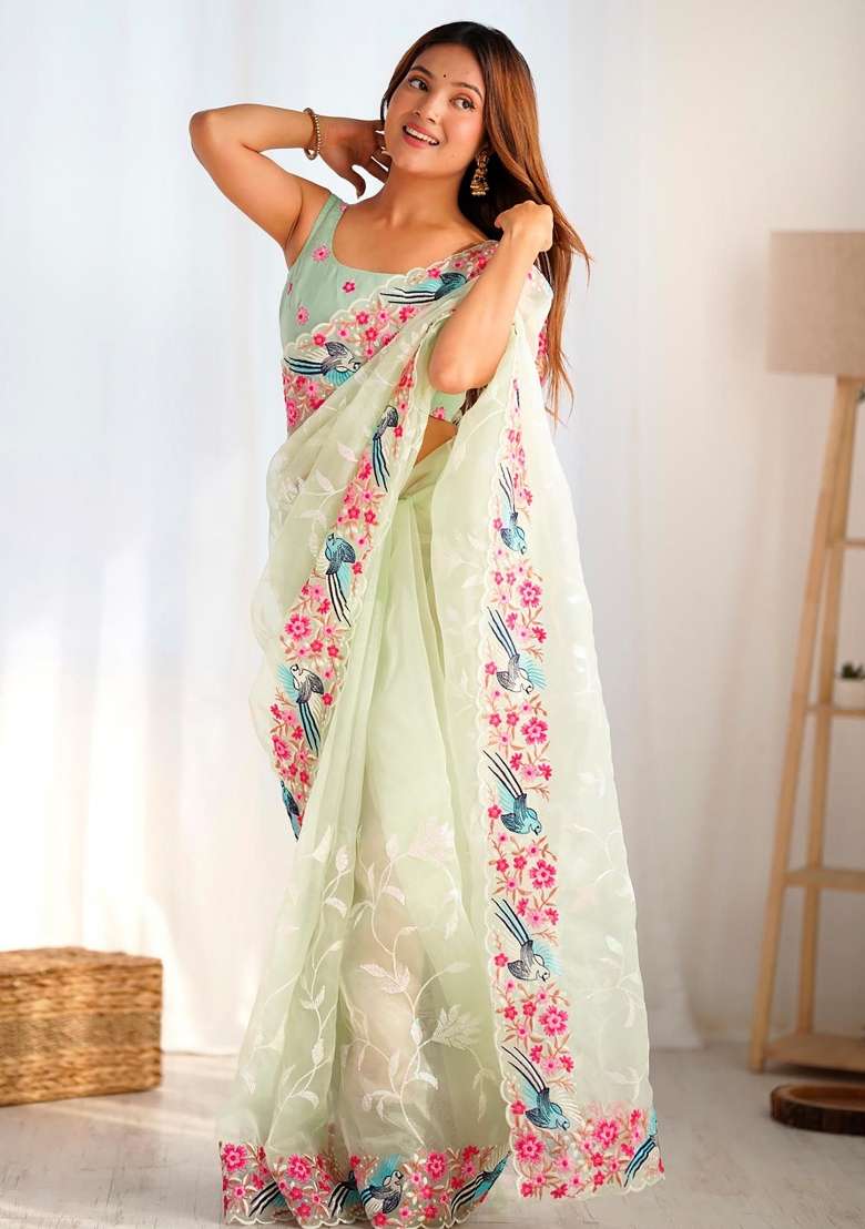 Green Sequin Work Silk Saree Set for Diwali and Festive Wear - Indya