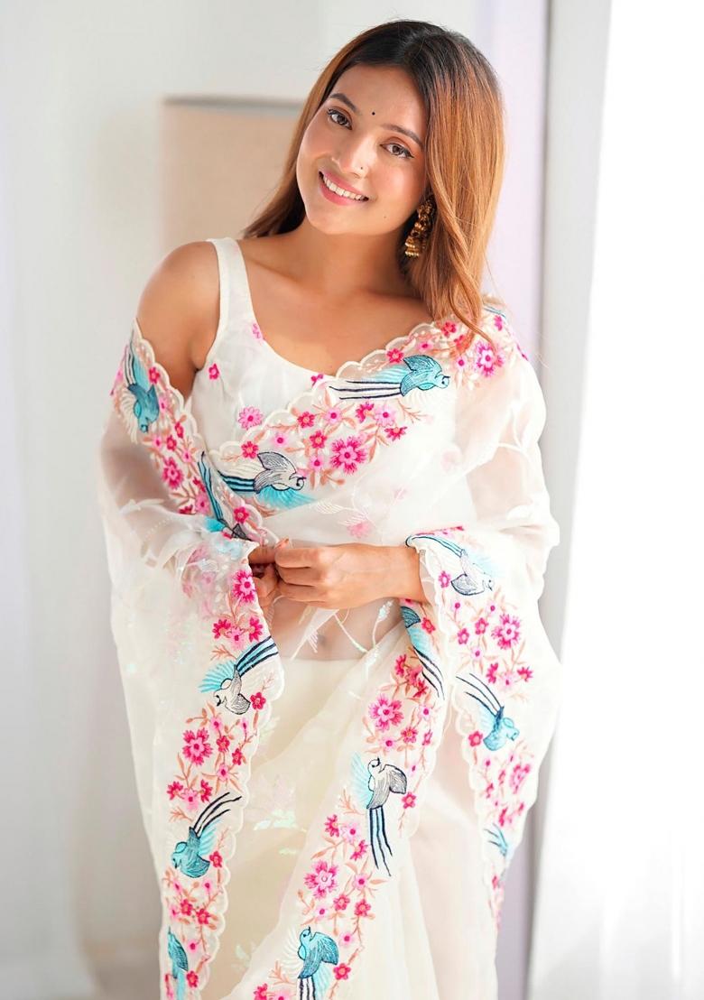 White Sequin Work Silk Saree Set - Indya